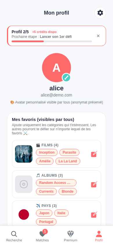 Profil QuizMeet, favoris par catégories : films, albums, pays